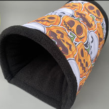 Load image into Gallery viewer, LARGE Pumpkin and skulls Halloween guinea pigs stay open tunnel. Padded fleece tunnel.