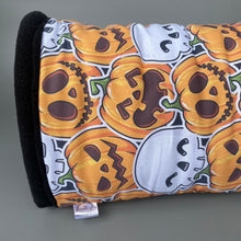 Load image into Gallery viewer, LARGE Pumpkin and skulls Halloween guinea pigs stay open tunnel. Padded fleece tunnel.