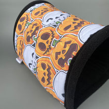 Load image into Gallery viewer, LARGE Pumpkin and skulls Halloween guinea pigs stay open tunnel. Padded fleece tunnel.
