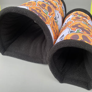 LARGE Pumpkin and skulls Halloween guinea pigs stay open tunnel. Padded fleece tunnel.