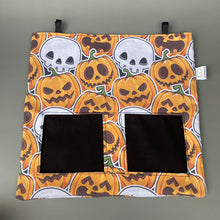 Load image into Gallery viewer, Pumpkin and skulls Halloween guinea pigs hanging hay bag for guinea pigs.