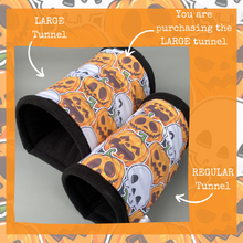 Load image into Gallery viewer, LARGE Pumpkin and skulls Halloween guinea pigs stay open tunnel. Padded fleece tunnel.