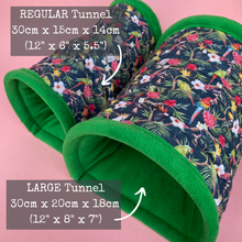 Load image into Gallery viewer, LARGE Tropical Jungle guinea pigs stay open tunnel. Padded fleece tunnel. Padded tunnel for guinea pigs.
