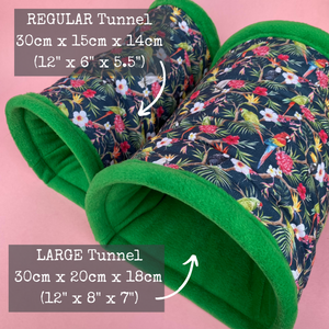 Tropical Jungle stay open tunnel. Padded fleece tunnel. Tube. Padded tunnel for hedgehogs, rats and small pets. Small pet cosy tunnel.