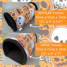 Load image into Gallery viewer, LARGE Pumpkin and skulls Halloween guinea pigs stay open tunnel. Padded fleece tunnel.