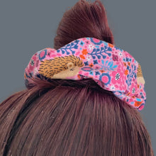 Load image into Gallery viewer, Pink floral hedgehog scrunchie. Floral scrunchie.