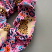 Load image into Gallery viewer, Pink floral hedgehog scrunchie. Floral scrunchie.