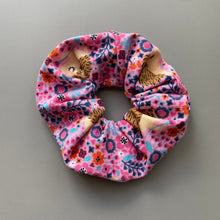 Load image into Gallery viewer, Pink floral hedgehog scrunchie. Floral scrunchie.