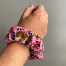 Load image into Gallery viewer, Pink floral hedgehog scrunchie. Floral scrunchie.