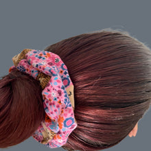 Load image into Gallery viewer, Pink floral hedgehog scrunchie. Floral scrunchie.