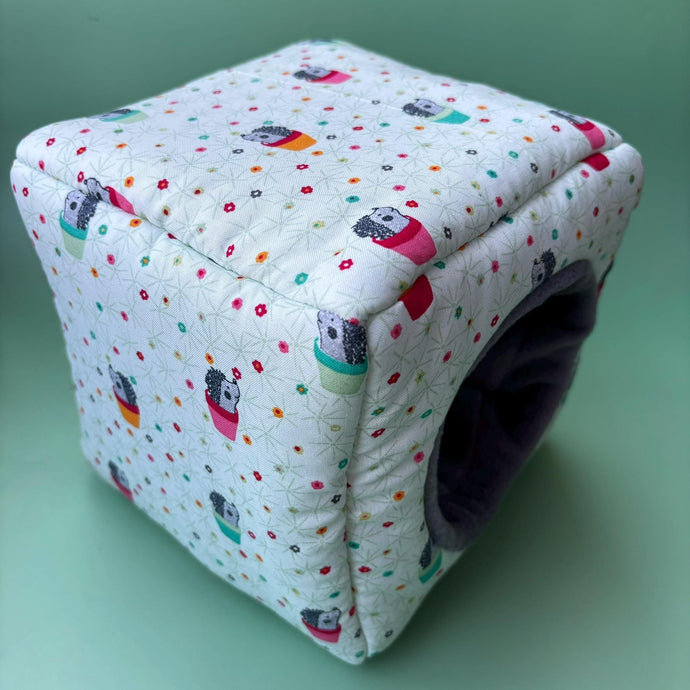 Hogs in pots cosy cube house. Hedgehog and guinea pig cube house. Padded fleece lined house.
