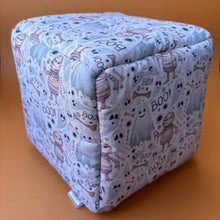 Load image into Gallery viewer, Halloween mummy and ghosts cosy cube house. Hedgehog and guinea pig cube house. Padded fleece lined house.