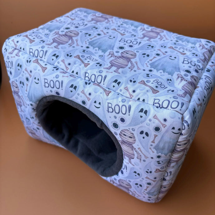 LARGE Halloween mummy and ghosts cosy bed. Cosy cube. Cuddle Cube. Snuggle house. Fleece hidey. Padded house for guinea pigs.