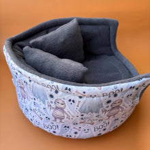 Load image into Gallery viewer, LARGE Halloween mummy and ghosts cuddle cup. Pet sofa. Guinea pig bed. Pet beds. Fleece bed. Fleece sofa. Pet sofa.