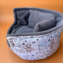 Load image into Gallery viewer, LARGE Halloween mummy and ghosts cuddle cup. Pet sofa. Guinea pig bed. Pet beds. Fleece bed. Fleece sofa. Pet sofa.