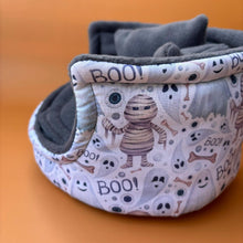 Load image into Gallery viewer, Halloween mummy and ghosts  cuddle cup. Pet sofa. Hedgehog and small guinea pig bed. Small pet beds. Fleece sofa bed.