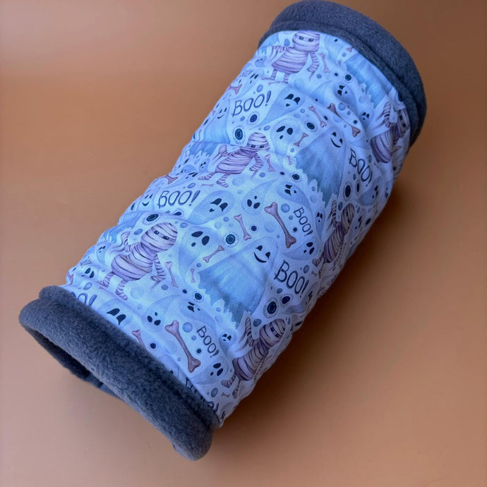 Halloween mummy and ghosts stay open tunnel. Padded fleece tunnel. Padded tunnel for hedgehogs, rats and small pets. Small pet cosy tunnel.