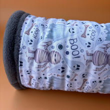 Load image into Gallery viewer, Halloween mummy and ghosts stay open tunnel. Padded fleece tunnel. Padded tunnel for hedgehogs, rats and small pets. Small pet cosy tunnel.