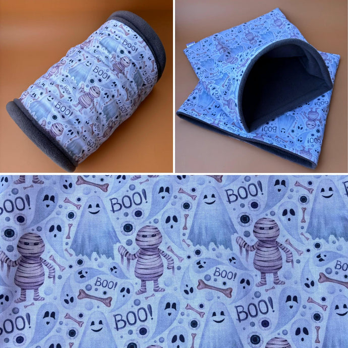 Halloween mummy and ghosts mini set. LARGE size tunnel, LARGE snuggle sack and toys. Fleece bedding.