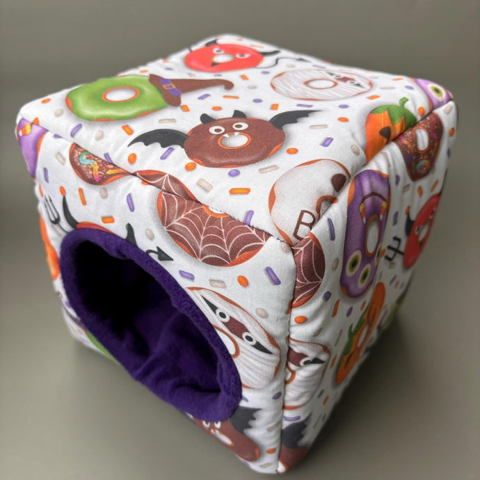 Halloween donuts cosy cube house. Hedgehog and guinea pig cube house. Padded fleece lined house.