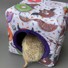 Load image into Gallery viewer, Halloween donuts cosy cube house. Hedgehog and guinea pig cube house. Padded fleece lined house.