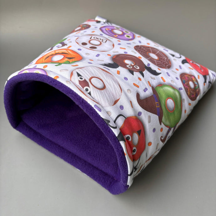 LARGE Halloween donuts cosy snuggle cave. Padded stay open snuggle sack. Fleece pet bed. Stay open padded cave.