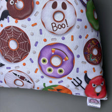 Load image into Gallery viewer, LARGE Halloween donuts cosy snuggle cave. Padded stay open snuggle sack. Fleece pet bed. Stay open padded cave.