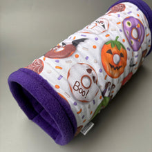 Load image into Gallery viewer, Halloween donuts stay open tunnel. Padded fleece tunnel. Padded tunnel for hedgehogs, rats and small pets. Small pet cosy tunnel.