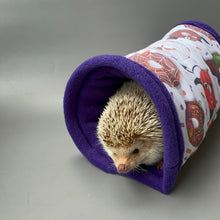 Load image into Gallery viewer, Halloween donuts stay open tunnel. Padded fleece tunnel. Padded tunnel for hedgehogs, rats and small pets. Small pet cosy tunnel.