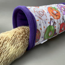Load image into Gallery viewer, Halloween donuts stay open tunnel. Padded fleece tunnel. Padded tunnel for hedgehogs, rats and small pets. Small pet cosy tunnel.