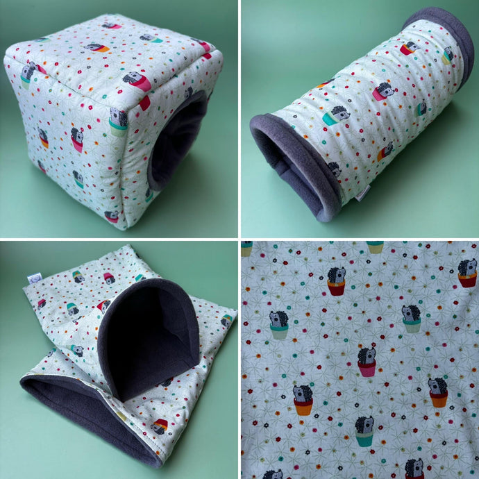 Hogs in pots full cage set. Cube house, snuggle sack, tunnel cage set for hedgehog or small pet.