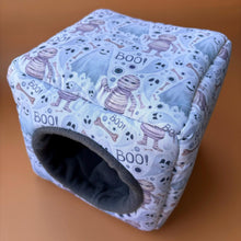 Load image into Gallery viewer, Halloween mummy and ghosts cosy cube house. Hedgehog and guinea pig cube house. Padded fleece lined house.