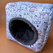 Load image into Gallery viewer, Halloween mummy and ghosts cosy cube house. Hedgehog and guinea pig cube house. Padded fleece lined house.