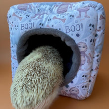Load image into Gallery viewer, Halloween mummy and ghosts cosy cube house. Hedgehog and guinea pig cube house. Padded fleece lined house.