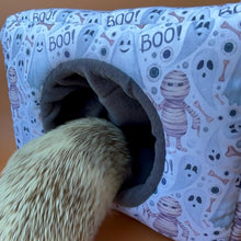 Load image into Gallery viewer, LARGE Halloween mummy and ghosts cosy bed. Cosy cube. Cuddle Cube. Snuggle house. Fleece hidey. Padded house for guinea pigs.
