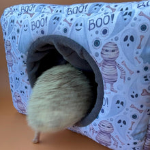 Load image into Gallery viewer, LARGE Halloween mummy and ghosts cosy bed. Cosy cube. Cuddle Cube. Snuggle house. Fleece hidey. Padded house for guinea pigs.