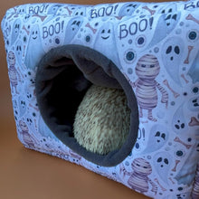 Load image into Gallery viewer, LARGE Halloween mummy and ghosts cosy bed. Cosy cube. Cuddle Cube. Snuggle house. Fleece hidey. Padded house for guinea pigs.