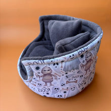 Load image into Gallery viewer, Halloween mummy and ghosts  cuddle cup. Pet sofa. Hedgehog and small guinea pig bed. Small pet beds. Fleece sofa bed.