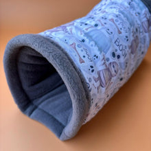 Load image into Gallery viewer, Halloween mummy and ghosts stay open tunnel. Padded fleece tunnel. Padded tunnel for hedgehogs, rats and small pets. Small pet cosy tunnel.