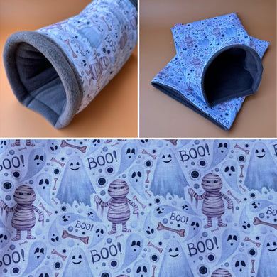 Halloween mummy and ghosts mini set. Tunnel, snuggle sack and toys. Fleece bedding. Hedgehog fleece tunnel and pouch.