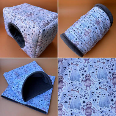 LARGE Halloween mummy and ghosts full cage set. Large house, large snuggle sack, large tunnel cage set for chunky hedgehogs and guinea pigs.