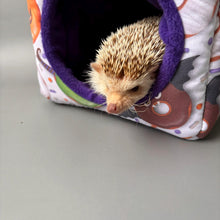 Load image into Gallery viewer, Halloween donuts cosy cube house. Hedgehog and guinea pig cube house. Padded fleece lined house.