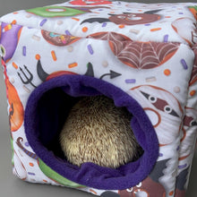 Load image into Gallery viewer, Halloween donuts cosy cube house. Hedgehog and guinea pig cube house. Padded fleece lined house.