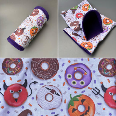 Halloween donuts mini set. Tunnel, snuggle sack and toys. Fleece bedding. Hedgehog fleece tunnel and pouch.