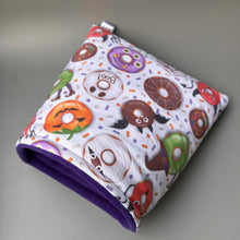 Load image into Gallery viewer, LARGE Halloween donuts cosy snuggle cave. Padded stay open snuggle sack. Fleece pet bed. Stay open padded cave.