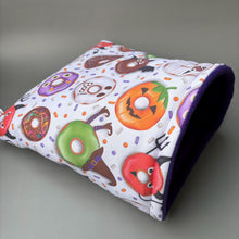 Load image into Gallery viewer, LARGE Halloween donuts cosy snuggle cave. Padded stay open snuggle sack. Fleece pet bed. Stay open padded cave.
