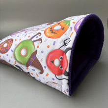 Load image into Gallery viewer, LARGE Halloween donuts cosy snuggle cave. Padded stay open snuggle sack. Fleece pet bed. Stay open padded cave.