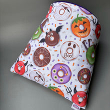 Load image into Gallery viewer, LARGE Halloween donuts cosy snuggle cave. Padded stay open snuggle sack. Fleece pet bed. Stay open padded cave.