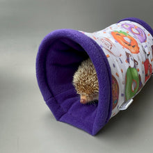 Load image into Gallery viewer, Halloween donuts stay open tunnel. Padded fleece tunnel. Padded tunnel for hedgehogs, rats and small pets. Small pet cosy tunnel.