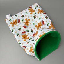 Load image into Gallery viewer, Christmas gingerbread man snuggle sack or snuggle pouch. Fleece lined sleeping bag for hedgehogs, guinea pigs and small animals